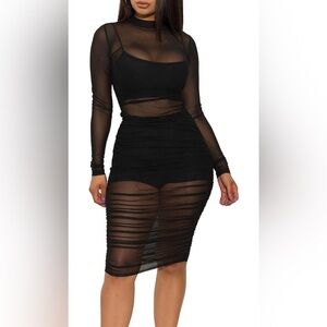 Long Sleeve Bodycon Sheer Mesh Cover Up Ruched Dress (S)
